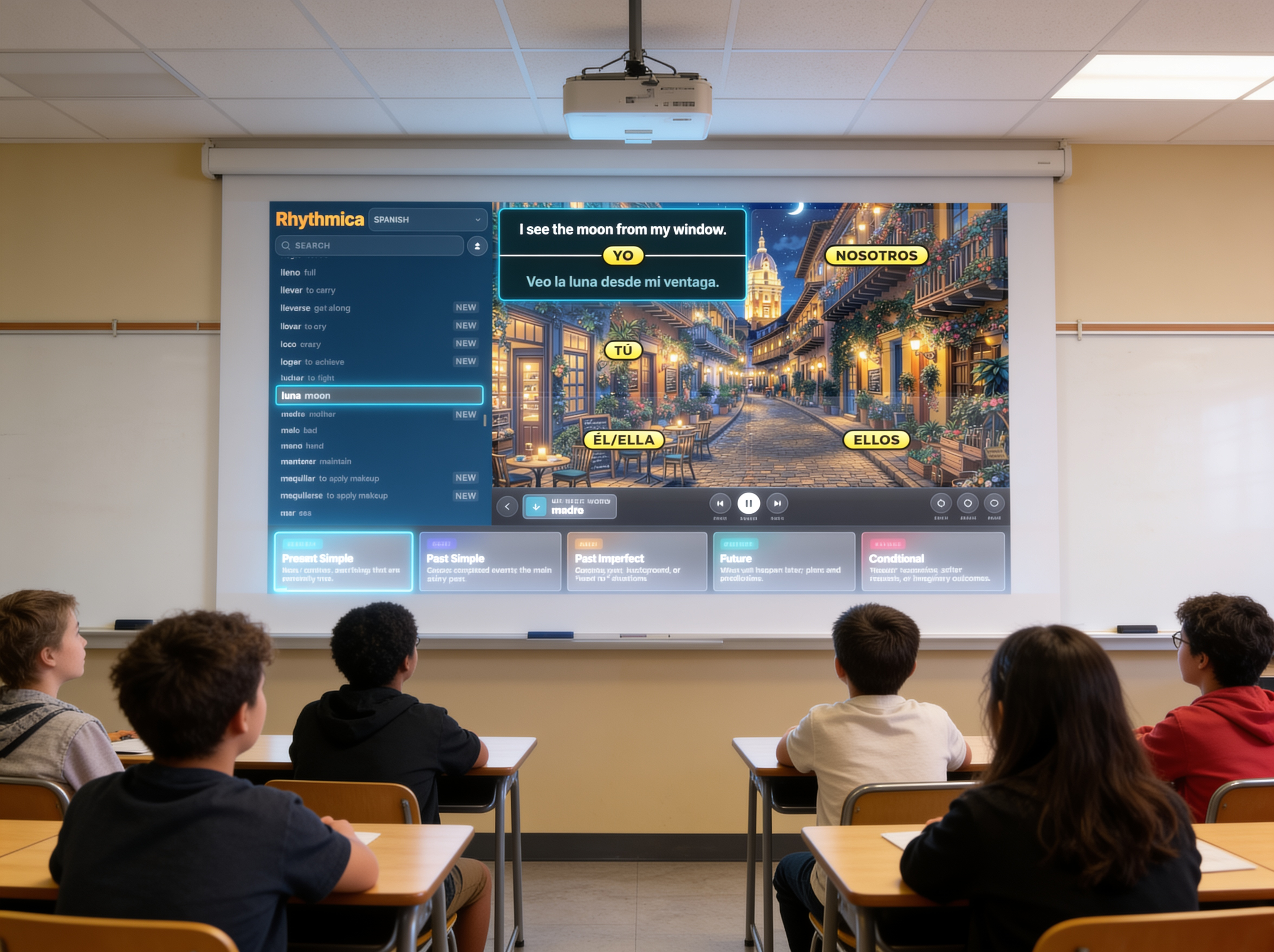 Students watching a Rhythmica lesson projected at the front of the classroom