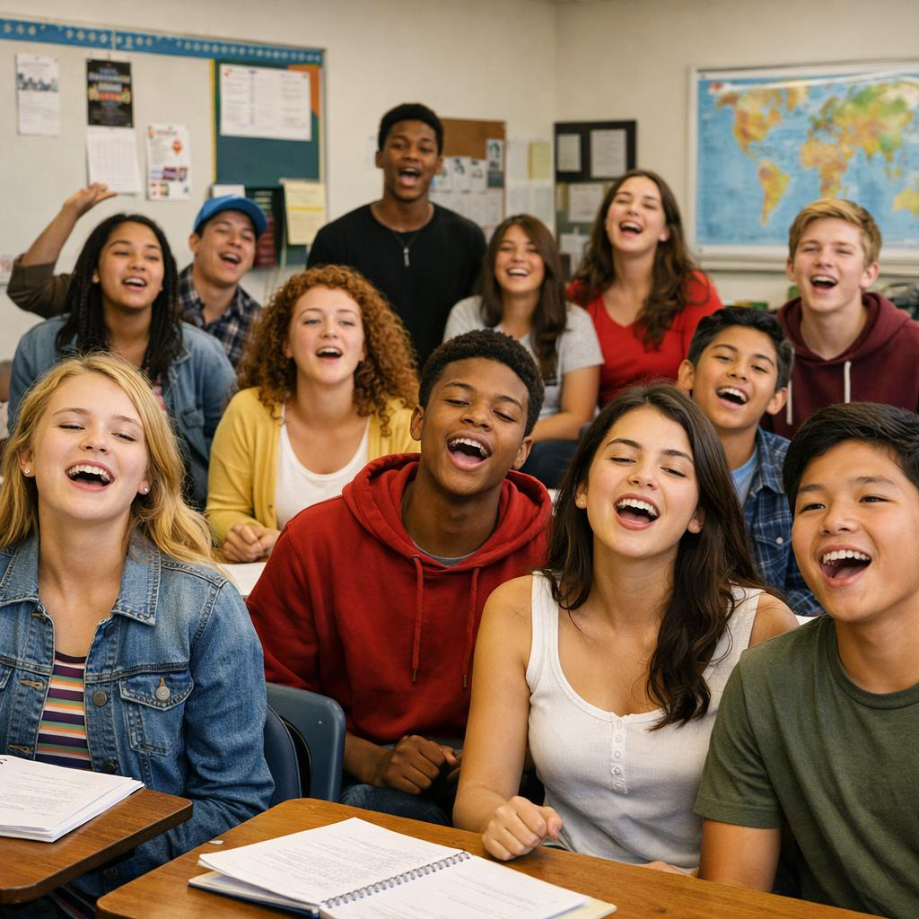 Students singing together enthusiastically in a language classroom
