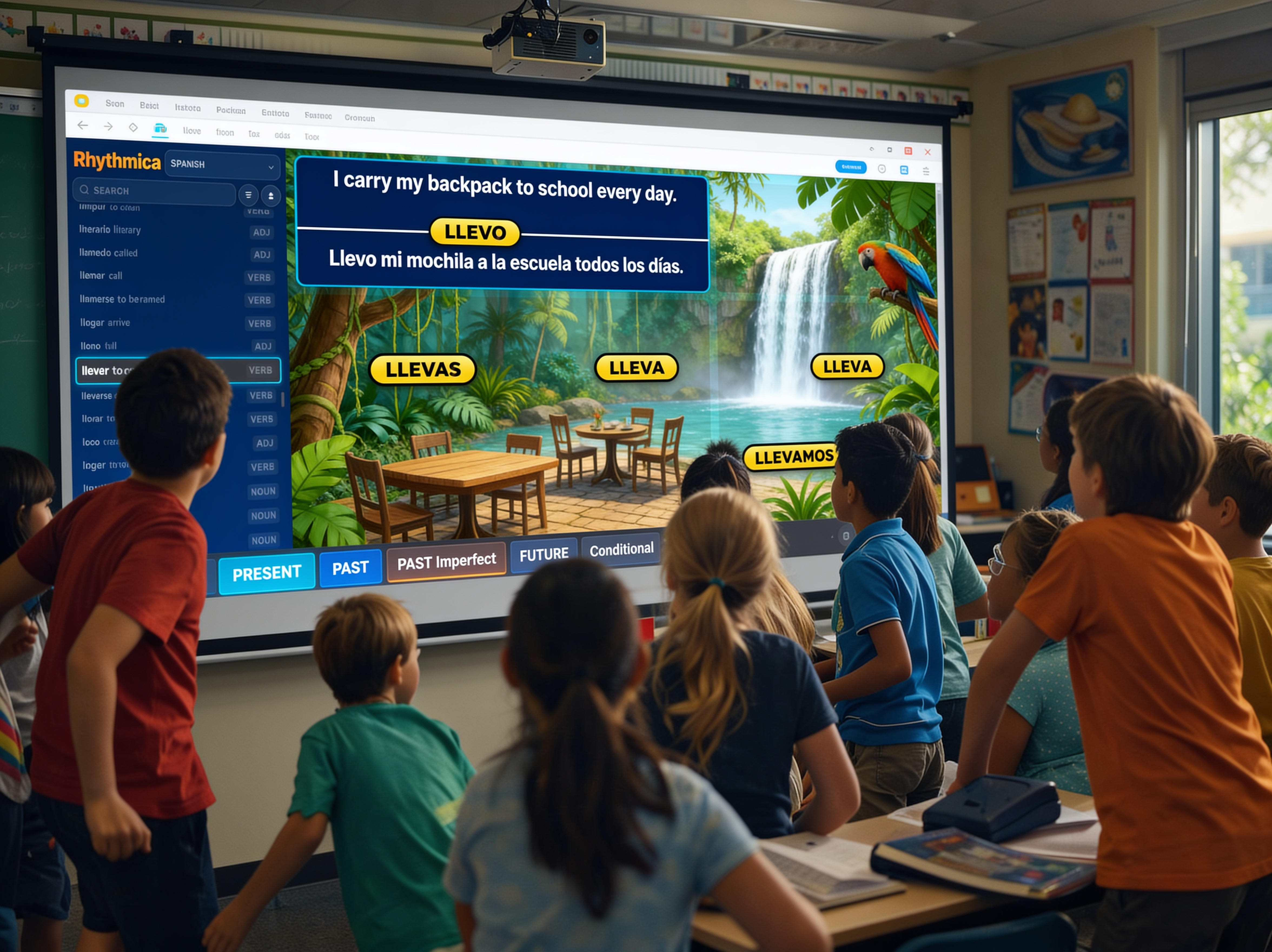 Classroom with Rhythmica projected on the board as students settle in